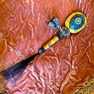 Native American turtle shell rattle Cherokee North Carolina leather fur beads